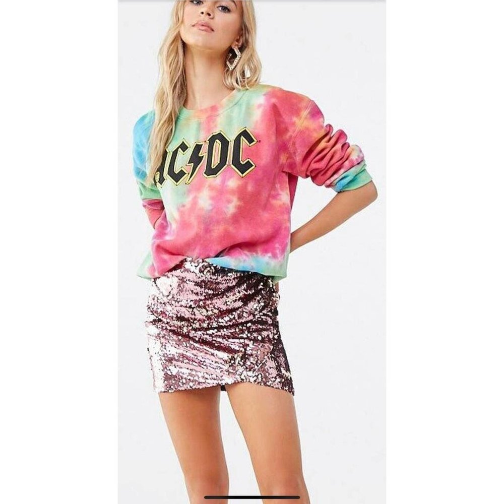 Forever 21 AC/DC Tie Dye‎ Graphic Sweatshirt Pink Green Blue Pullover Band Tee
